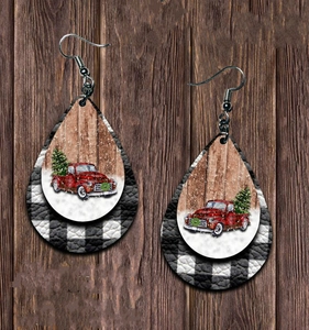 Leather teardrop earrings with red truck and Christmas tree on buffalo plaid