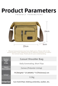 Canvas shoulder bag dimensions 23x19x9cm with multiple zip pockets and large capacity