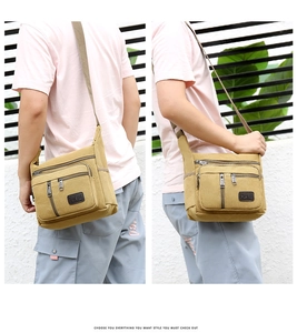 Detailed views of khaki canvas messenger bag showing multiple zipper pockets and usage