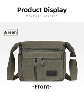 Front view of green canvas tool bag with multi-zipper pockets and wide shoulder strap