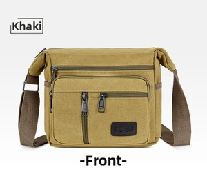 Front view of khaki canvas crossbody bag with multiple zipper pockets and logo detail