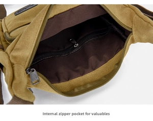 Detail view of the interior compartment and secure zipper pocket in khaki canvas bag