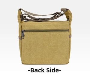 Back view of mustard yellow canvas crossbody bag featuring a zipper pocket and strap