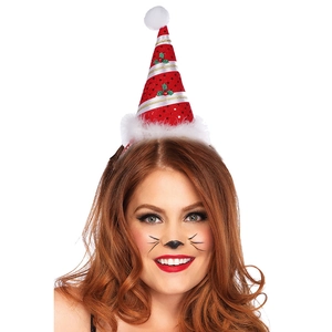 Red mini Christmas tree hat headband with gold ribbons and berries on female model
