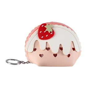 Cute pink strawberry ice cream coin purse with white cream topping and metal keychain
