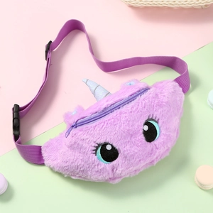 Detail of purple plush unicorn waist bag with glitter horn and adjustable strap