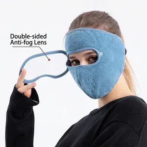 Blue fleece windproof face mask with anti-fog goggles for winter outdoor cycling