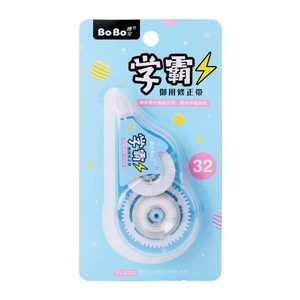 Blue PET correction tape with visible gear mechanism and transparent film strip
