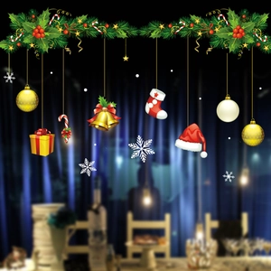 Christmas static window stickers with golden balls, red socks, and festive bell ornaments