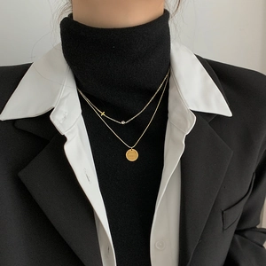 18K gold-plated double-layered titanium steel necklace with cross and coin charms