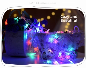 Detail of colorful star LED fairy lights on lace flower basket with bokeh background