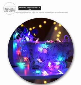 Detail of colorful star-shaped LED fairy lights inside a decorative lace basket