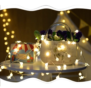 Close-up of warm white LED string lights featuring mixed star and globe bulb shapes