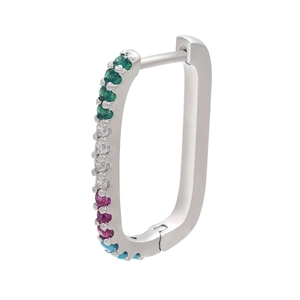 Macro view of rectangular silver earrings featuring colorful micro-pave zircon stones