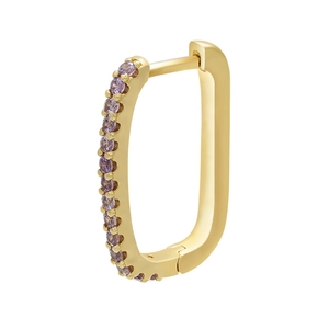 Macro shot of rectangular gold earring with purple pavé-set cubic zirconia crystals