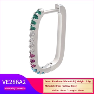 Detail of rectangular rhodium earring with colorful pavé zircons and 15mm by 25mm dimensions