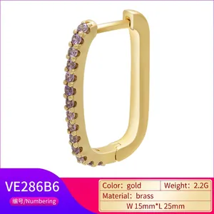 Rectangular gold brass hoop earring with micro-paved purple cubic zirconia crystals