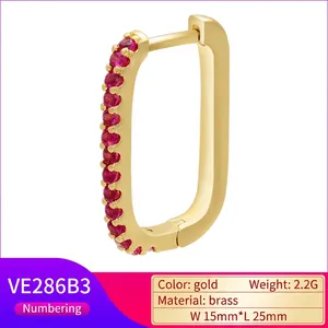Gold plated brass U-shaped earrings with red zircon micro-pave setting and rectangle design
