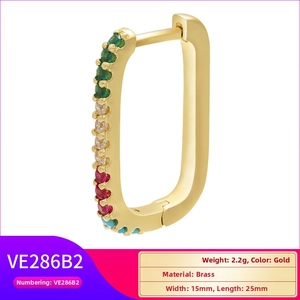Detailed view of rectangular brass earrings with micro-pave colorful crystals, size 15x25mm