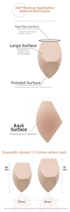 Macro view of makeup sponge showing different cut surfaces and wet vs dry size contrast