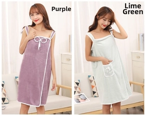 Thickened coral fleece wearable bath towel wrap with bow pocket detail in purple and green