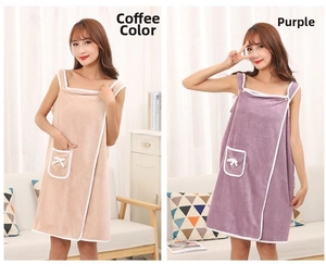 Detail view of wearable bath towels in khaki and purple with practical front pockets