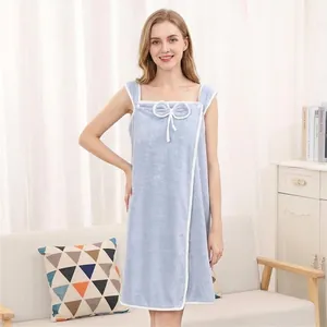 Light blue coral fleece wearable bath towel wrap for women with white bow decoration