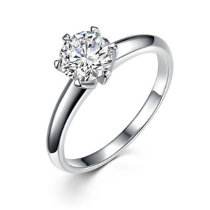 Vintage Six-Prong Solitaire Ring For Women Silver Plated Copper Adjustable Crown Design Rhinestone Wedding Promise Ring