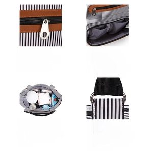 Detail view of large capacity diaper bag showing metal zippers and inner compartments