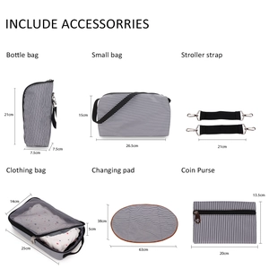 7-piece diaper bag accessories set with dimensions for changing pad and pouches