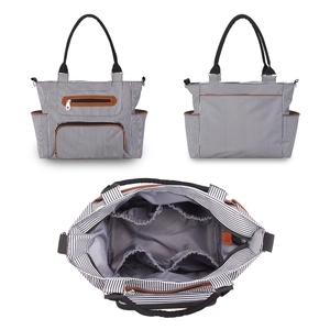 Three-view set of striped diaper bag showing front, back, and internal multi-compartments