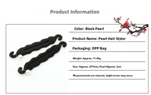 Detailed product specs of black hair bun maker with pearl decoration and dimensions