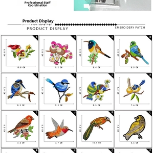 Detailed grid view of sixteen colorful bird embroidery patches with precise size dimensions