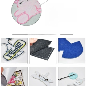 Various embroidered patch backings including heat seal, adhesive tape, and velcro fasteners