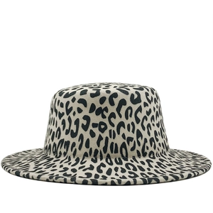 British style leopard print flat top wide brim wool felt fedora hat for women