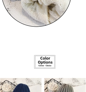 Detailed close-up of thick winter knit beanie with warm white fleece lining and color options