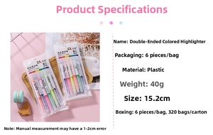 Detail view of 6-color double-headed highlighters showing product dimensions and packaging