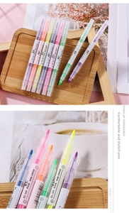 Macro view of double-ended fiber tips on colorful dual-tip highlighters for students