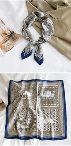 Detailed close-up of a square satin scarf featuring vintage horse and carriage print patterns