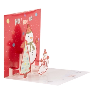 3D pop-up Christmas card with festive snowman, rabbit and tree on red folded paper