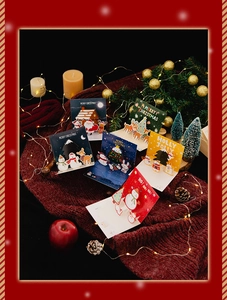 Set of 6 3D pop-up Christmas cards featuring Santa and snowman on festive red background
