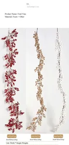 Détail de la guirlande de baies de Noël de 2 mètres en rouge, doré et blanc décoratif