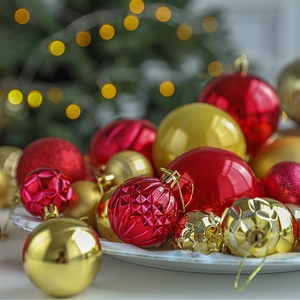 Red and gold Christmas ball ornaments set with matte and glossy finishes on a tray