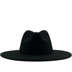 Classic black wide-brim wool fedora hat with a flat 9.5cm brim and indented crown design