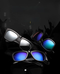 Close-up of punk style black sunglasses with blue-purple and silver reflective lenses