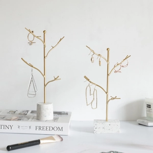 Jewelry Organizer Stand Nordic Metal Tree Branch Earring Necklace Display Holder With Marble Textured Base Vanity Decor