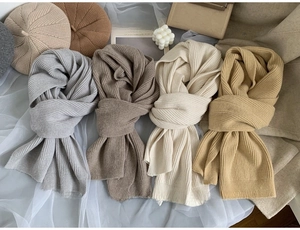 Detailed macro view of soft chunky knit texture on warm solid color winter scarves