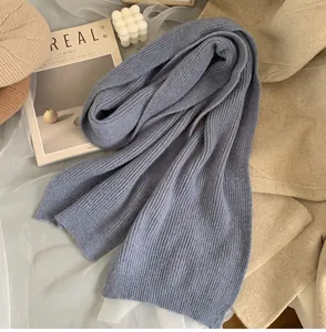 Detail of light blue chunky ribbed knit scarf with soft texture and warm fabric