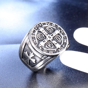 Vintage stainless steel Saint Benedict cross ring with engraved religious pattern for men