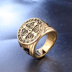 Vintage golden Saint Benedict cross ring with embossed religious medals for men